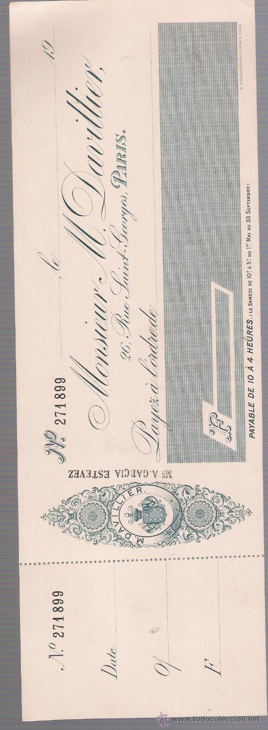 Documentos bancarios: Cheque Franc&eacute;s con membrete ( sin escribir) de 1900. - Foto 1