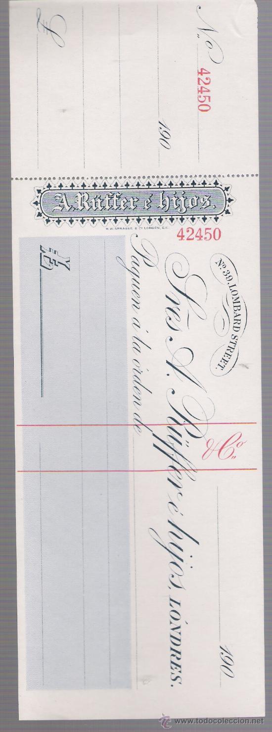 Documentos bancarios: Cheque Ingl&eacute;s con membrete  Espa&ntilde;ol ( sin escribir) de 1900. - Foto 1
