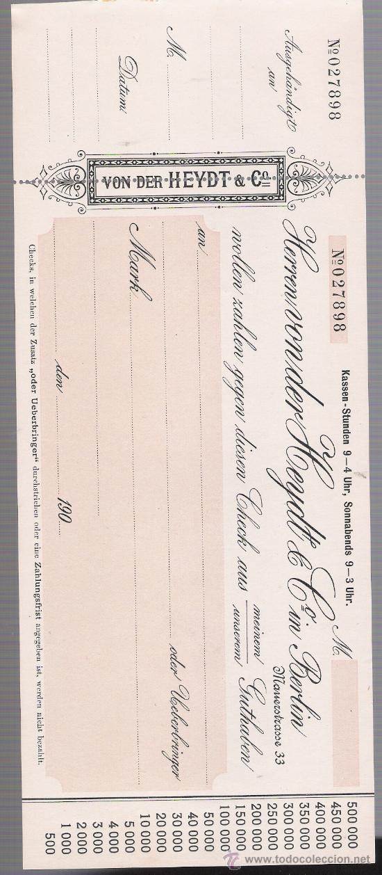 Documentos bancarios: Cheque Alem&aacute;n con membrete ( sin escribir) de 1900. - Foto 1