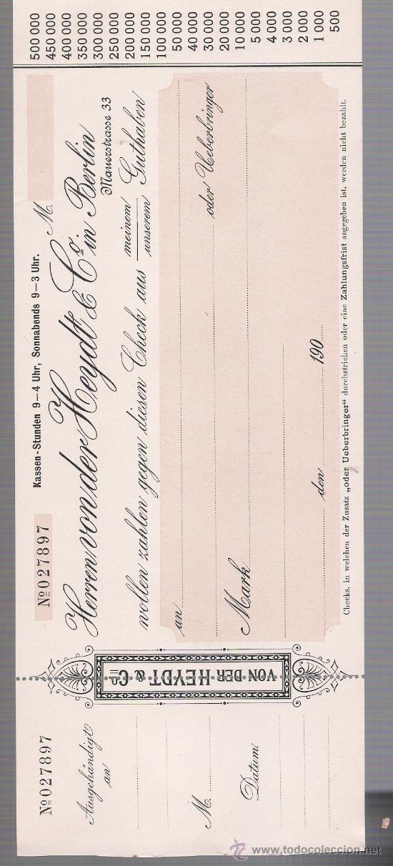 Documentos bancarios: Cheque Alem&aacute;n con membrete ( sin escribir) de 1900. - Foto 1