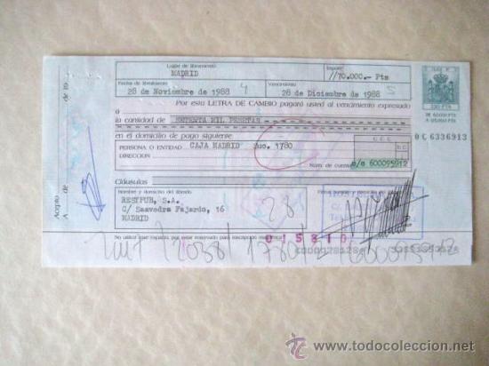 Documentos bancarios: LETRA DE CAMBIO. 1988.  ENVIO GRATIS&iexcl;&iexcl;&iexcl; - Foto 1