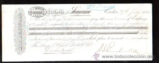 Documentos bancarios: LETRA DE CAMBIO. CADIZ. BENSUSAN. 1885. LIVERPOOL - Foto 1