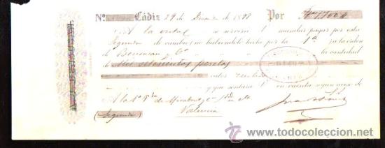 Documentos bancarios: LETRA DE CAMBIO. CADIZ. BENSUSAN. 1878. VALENCIA - Foto 1