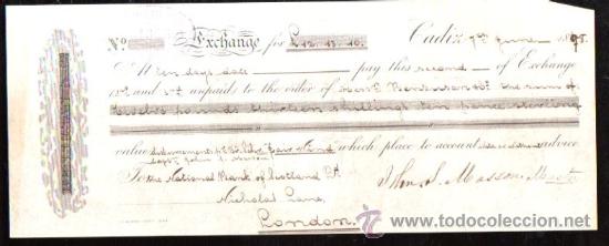 Documentos bancarios: LETRA DE CAMBIO. CADIZ. BENSUSAN. 1878. LONDRES - Foto 1