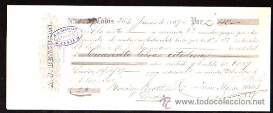 Documentos bancarios: LETRA DE CAMBIO. CADIZ. BENSUSAN. 1889. LONDRES - Foto 1