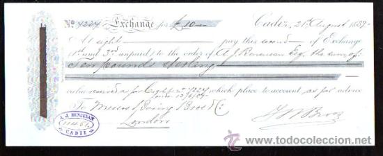 Documentos bancarios: LETRA DE CAMBIO. CADIZ. BENSUSAN. 1889. LONDRES - Foto 1