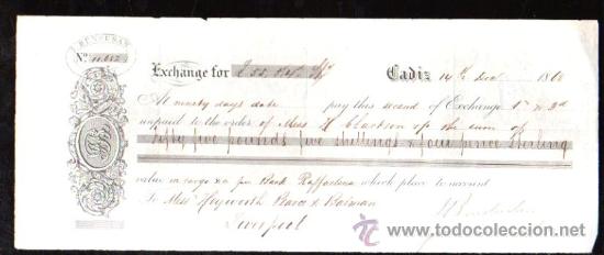 Documentos bancarios: LETRA DE CAMBIO. CADIZ. BENSUSAN. 1868. LIVERPOOL - Foto 1