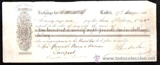 Documentos bancarios: LETRA DE CAMBIO. CADIZ. BENSUSAN. 1868. LIVERPOOL - Foto 1
