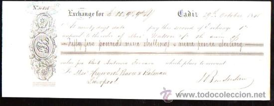 Documentos bancarios: LETRA DE CAMBIO. CADIZ. BENSUSAN. 1868. LIVERPOOL - Foto 1
