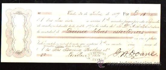 Documentos bancarios: LETRA DE CAMBIO. CADIZ. BENSUSAN. 1879. LONDRES - Foto 1
