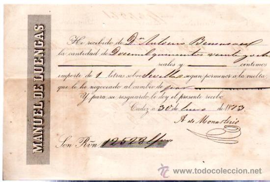 Documentos bancarios: C&Aacute;DIZ, LETRA, MANUEL DE LUENGAS 1873 - Foto 1