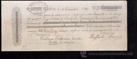 Documentos bancarios: LETRA DE BENSUSAN, C&Aacute;DIZ 1898 - Foto 1