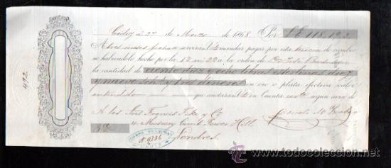 Documentos bancarios: LETRA DE BENSUSAN, C&Aacute;DIZ 1868 - Foto 1