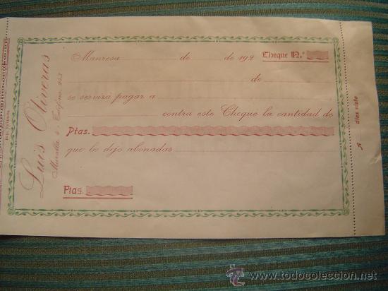 Documentos bancarios: Cheque sin rellenar de Luis Oliveras Manresa 192? - Foto 2