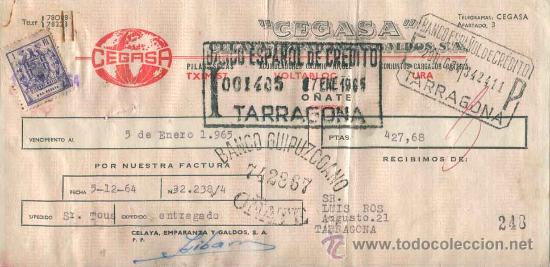 Documentos bancarios: Letra de cambio Cegasa Celaya Emparanza y Galdos s.a. - 1964 - Foto 1 - 31686030