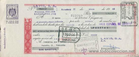 Documentos bancarios: Letra de cambio Lavis s.a. Barcelona a&ntilde;o 1968 - Foto 1