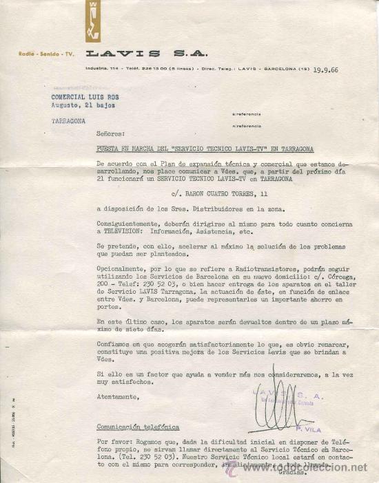 CARTA COMERCIAL LAVIS S.A. PUESTA EN MARCHA SERVICIO TECNICO EN TARRAGONA - AÑO 1966 (Coleccionismo - Documentos - Documentos Bancarios)