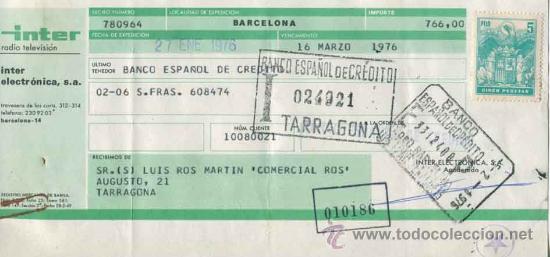 Documentos bancarios: Letra de cambio Inter - Barcelona a&ntilde;o 1976 - Foto 1