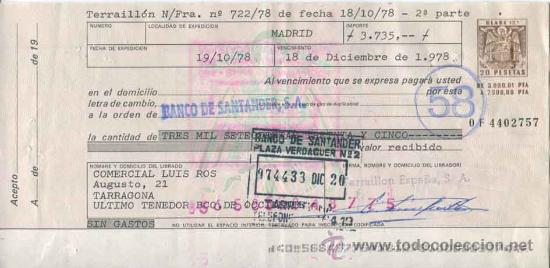 Documentos bancarios: Letra de cambio de Terraillon Espa&ntilde;a s.a. - Madrid - a&ntilde;o 1978 - Foto 1