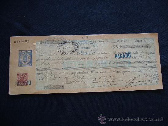 Documentos bancarios: Primera de Cambio Banco de Espa&ntilde;a. Tarragona. 1900. Jaime Recoder. Mataro. - Foto 1