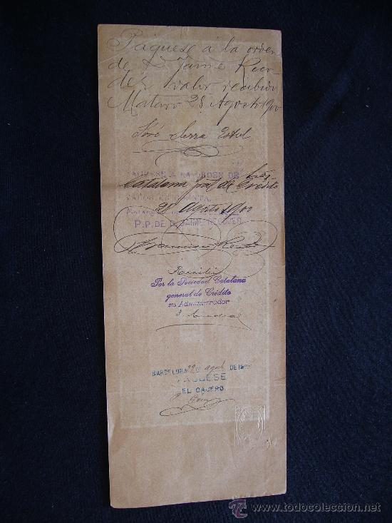 Documentos bancarios: Primera de Cambio Banco de Espa&ntilde;a. Tarragona. 1900. Jaime Recoder. Mataro. - Foto 2