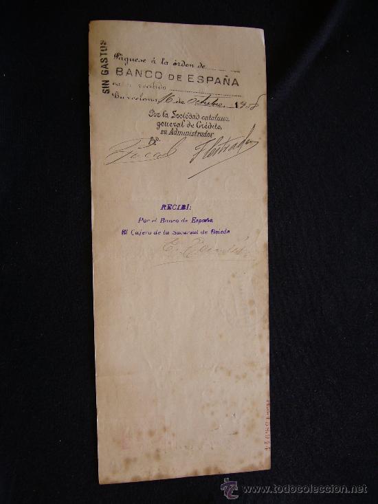 Documentos bancarios: Primera de Cambio Banco de Espa&ntilde;a. 1908. La Florida. Barcelona. - Foto 2