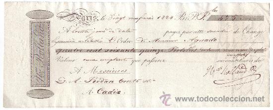 Documentos bancarios: Letra de Cambio: Expedida en Par&iacute;s y abonada en C&aacute;diz (1824) - Foto 1