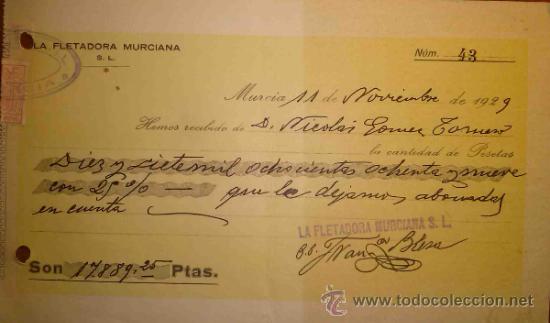 LA FLETADORA MURCIANA. RECIBO DE 1929. MURCIA (Coleccionismo - Documentos - Documentos Bancarios)