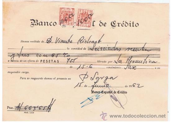 Documentos bancarios: banco espa&ntilde;ol de credito 1962   pobla llarga - Foto 1