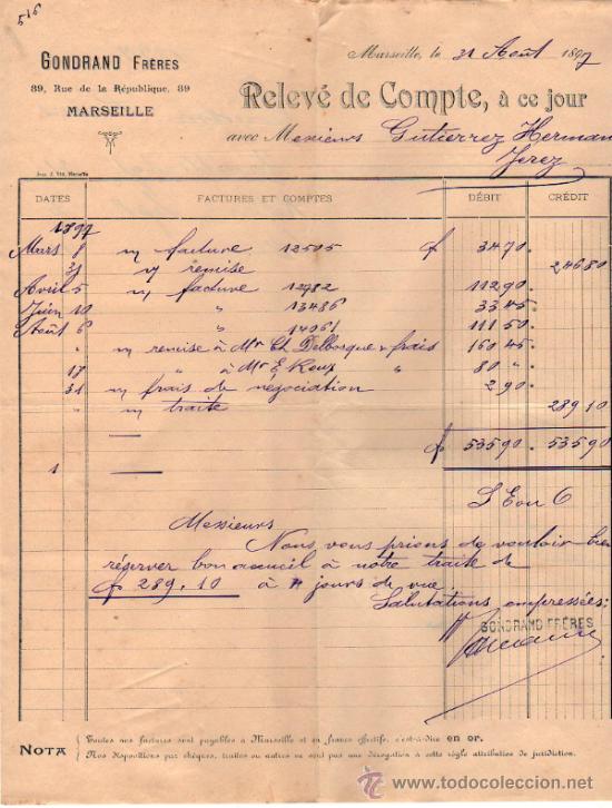 Documentos bancarios: RELEV&Eacute; DE COMPTE DE GONDRAND FR&Egrave;RES. MARSEILLE 1897 - Foto 1