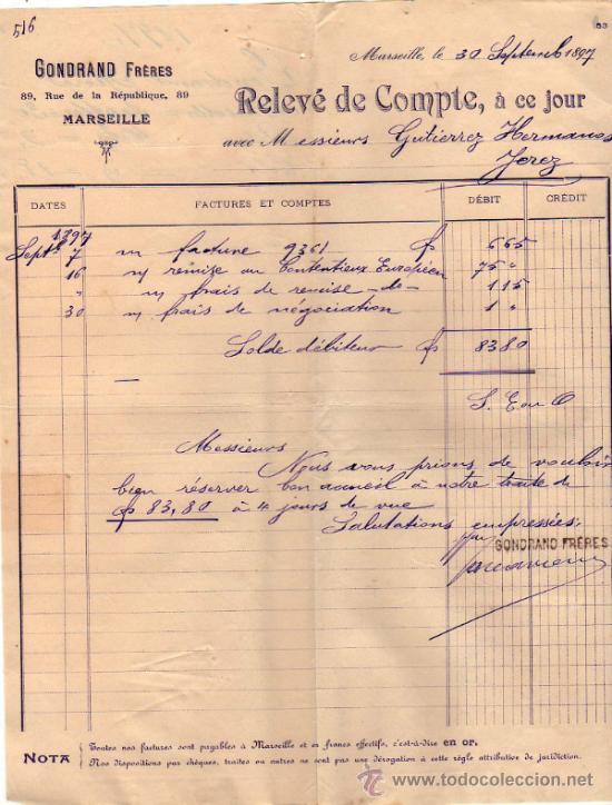 Documentos bancarios: RELEV&Eacute; DE COMPTE DE GONDRAND FR&Egrave;RES. MARSEILLE 1897 - Foto 1