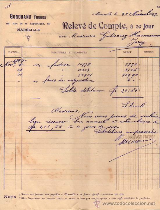 Documentos bancarios: RELEV&Eacute; DE COMPTE DE GONDRAND FR&Egrave;RES. MARSEILLE 1897 - Foto 1