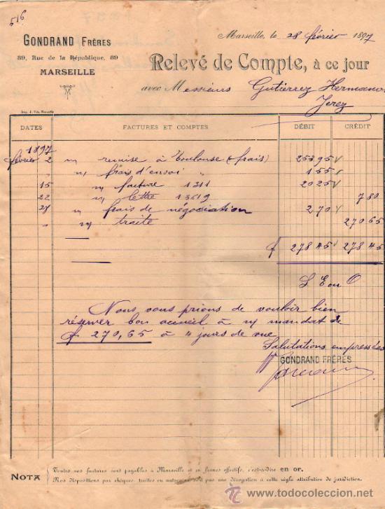 Documentos bancarios: RELEV&Eacute; DE COMPTE  DE GONDRAND FR&Egrave;RES.  MARSEILLE  1897 - Foto 1