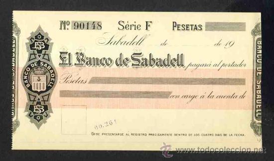 Documentos bancarios: Cheque del BANC DE SABADELL de 1915 - Foto 1