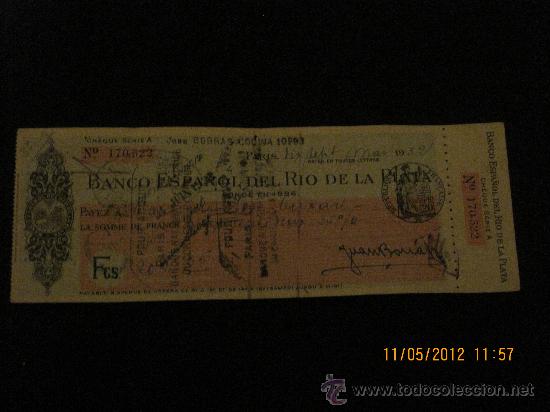 Documentos bancarios: cheque del Banco Espa&ntilde;ol del Rio de la Plata-Paris-Mayo 1932 - Foto 1
