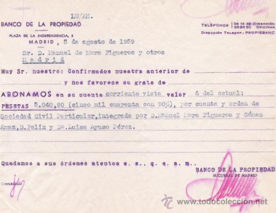 Documentos bancarios: BANCO DE LA PROPIEDAD - NOTA DE ABONO - A&Ntilde;O 1959 - Foto 1