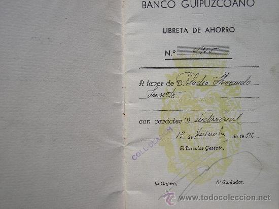 Documentos bancarios: BANCO GUIPUZCOANO LIBRETA DE AHORROS 1952 - Foto 2