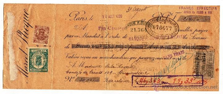 Documentos bancarios: LETRA CAMBIO CHEQUE PARIS 1920 - Foto 1