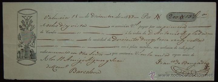 Documentos bancarios: Letra de cambio emitida en Valencia (1837) - Foto 1