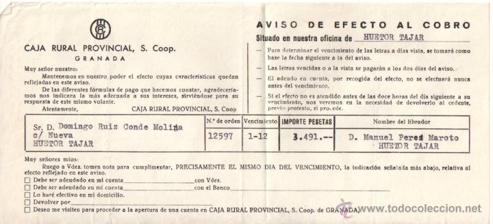 Documentos bancarios: AVISO DE EFECTO AL COBRO. CAJA RURAL PROVINCIAL DE GRANADA. 1975. - Foto 1