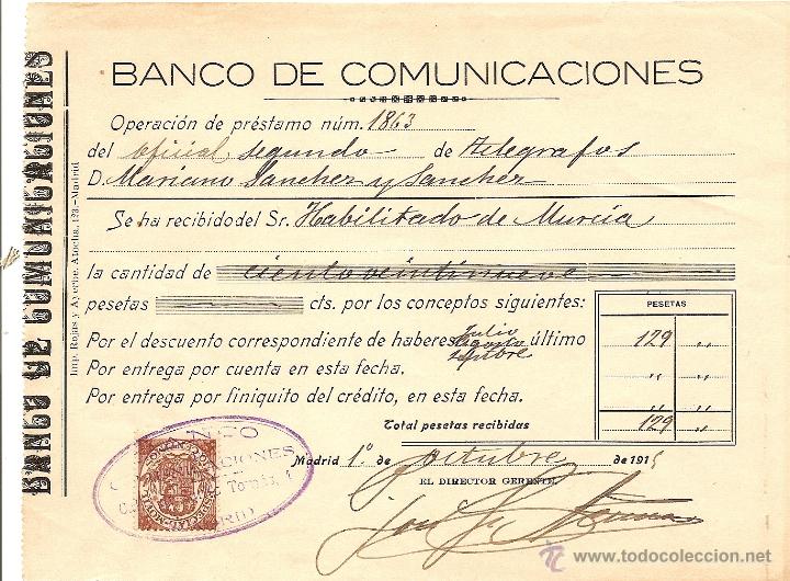 Documentos bancarios: MADRID - RECIBO DEL BANCO DE COMUNICACIONES - A&Ntilde;O 1915 - Foto 1