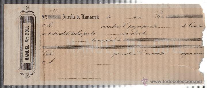 Documentos bancarios: LETRA DE CAMBIO. MANUEL MA. COLL. ARRECIFE DE LANZAROTE. - Foto 1