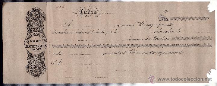 Documentos bancarios: LETRA DE CAMBIO. SANCHEZ CALVO Y CIA. CADIZ. - Foto 1