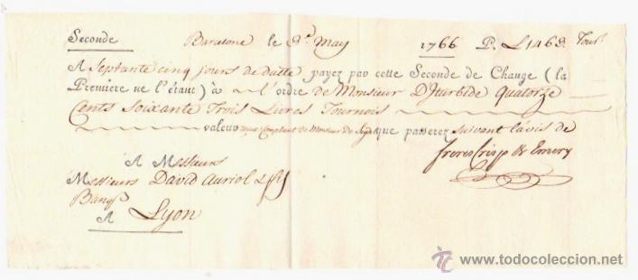 Documentos bancarios: LETRA DE CAMBIO LYON. FRANCIA. A&Ntilde;O 1766 - Foto 1