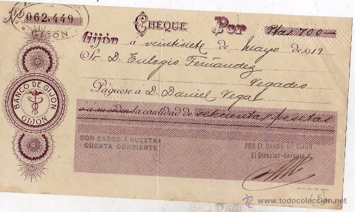 Documentos bancarios: Cheque bancario. Banco de Gij&oacute;n. 1919 - Foto 1