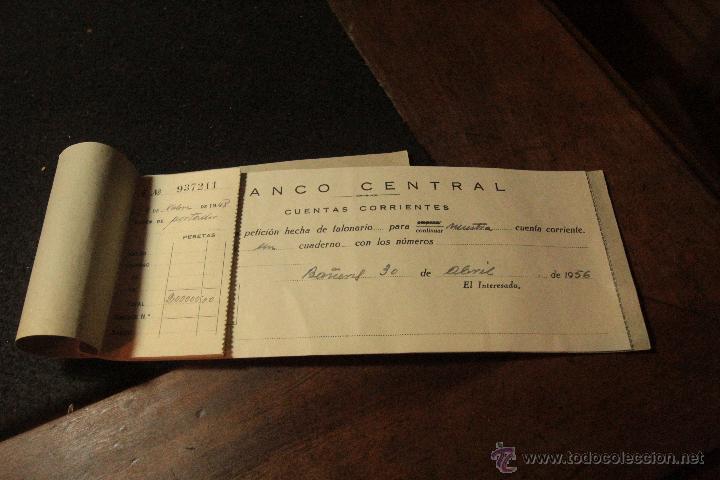 Documentos bancarios: TALONARIO CHEQUES 1956, BANCO CENTRAL -DOCA- - Foto 1