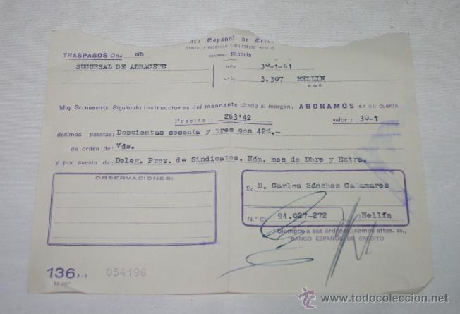 Documentos bancarios: RECIBO DEL BANCO ESPA&Ntilde;OL DE CREDITO, HELLIN 1961 - Foto 1