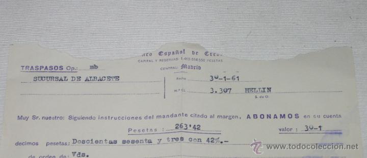 Documentos bancarios: RECIBO DEL BANCO ESPA&Ntilde;OL DE CREDITO, HELLIN 1961 - Foto 2