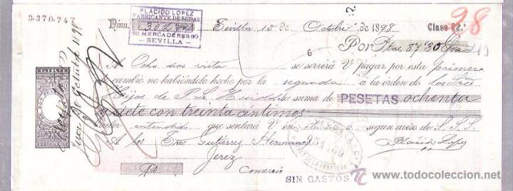 Documentos bancarios: LETRA A&Ntilde;O 1898. PLACIDO LOPEZ, SEVILLA. - Foto 1