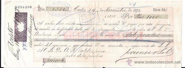 Documentos bancarios: LETRA, A&Ntilde;O 1893. ANT. SICRE, CADIZ. - Foto 1